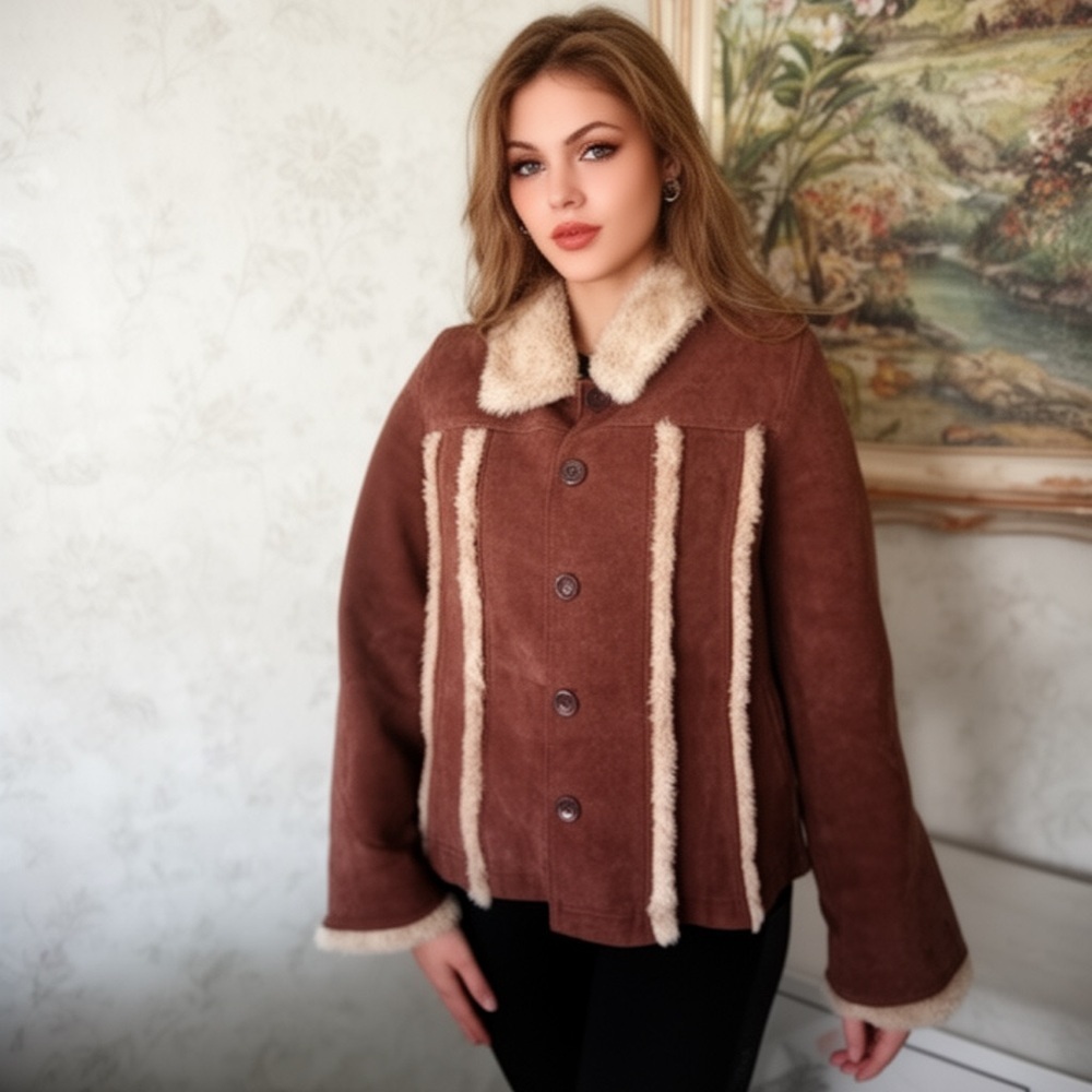 Vintage 90’s Y2K Women’s Faux Leather Cropped Fur Collar Coat